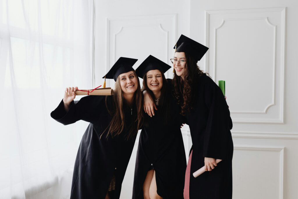 Students in graduation gowns.