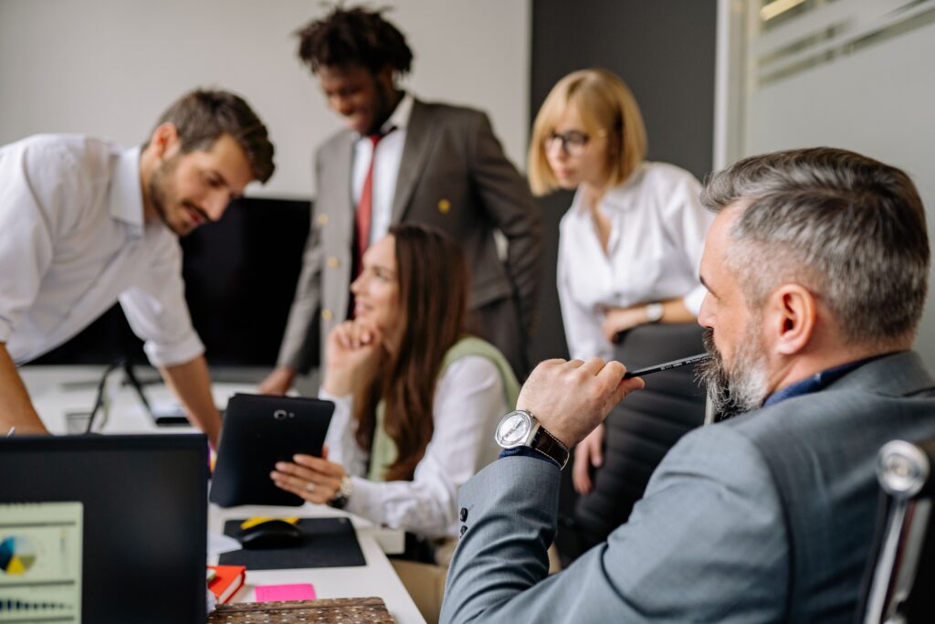 People in the middle of a meeting.
